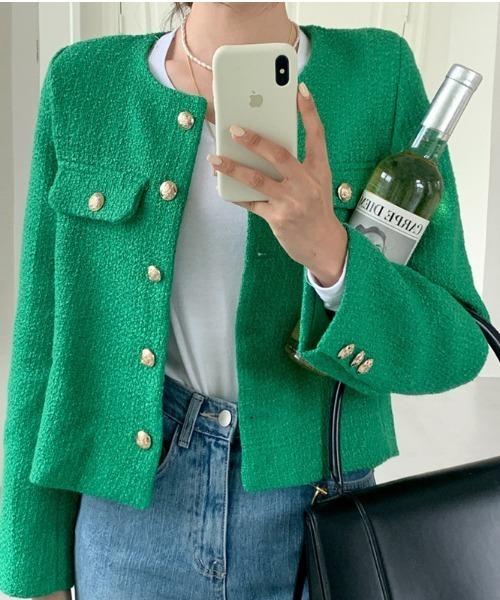FREE STYLISTS(フリー スタイリスト)の「YUGA_YGMC buttoned tweed jacket(ノーカラージャケット・レディース・グリーン/ライトブルー/オフホワイト・S/M/L)」の2枚目の写真