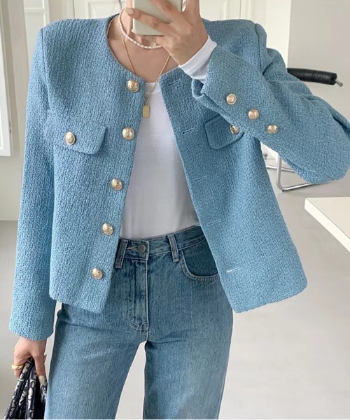 FREE STYLISTS(フリー スタイリスト)の「YUGA_YGMC buttoned tweed jacket(ノーカラージャケット・レディース・グリーン/ライトブルー/オフホワイト・S/M/L)」の3枚目の写真