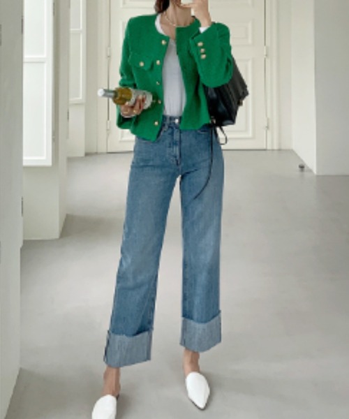 FREE STYLISTS(フリー スタイリスト)の「YUGA_YGMC buttoned tweed jacket(ノーカラージャケット・レディース・グリーン/ライトブルー/オフホワイト・S/M/L)」の12枚目の写真
