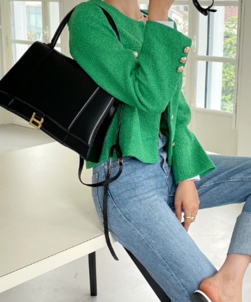 FREE STYLISTS(フリー スタイリスト)の「YUGA_YGMC buttoned tweed jacket(ノーカラージャケット・レディース・グリーン/ライトブルー/オフホワイト・S/M/L)」の10枚目の写真