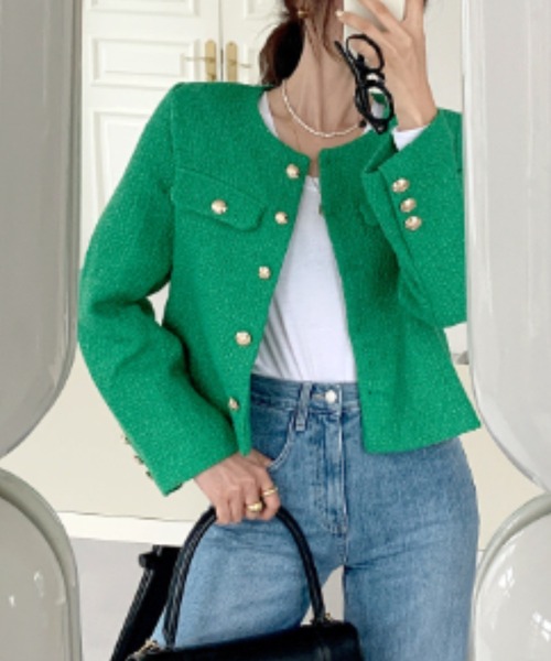 FREE STYLISTS(フリー スタイリスト)の「YUGA_YGMC buttoned tweed jacket(ノーカラージャケット・レディース・グリーン/ライトブルー/オフホワイト・S/M/L)」の8枚目の写真