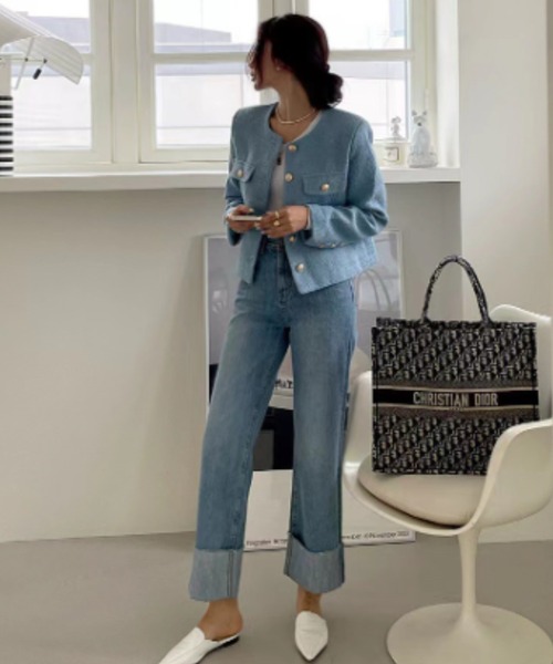 FREE STYLISTS(フリー スタイリスト)の「YUGA_YGMC buttoned tweed jacket(ノーカラージャケット・レディース・グリーン/ライトブルー/オフホワイト・S/M/L)」の22枚目の写真