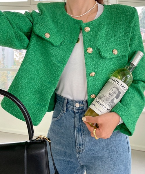 FREE STYLISTS(フリー スタイリスト)の「YUGA_YGMC buttoned tweed jacket(ノーカラージャケット・レディース・グリーン/ライトブルー/オフホワイト・S/M/L)」の5枚目の写真