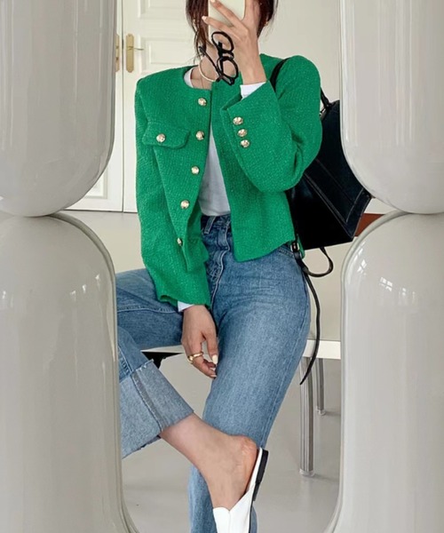 FREE STYLISTS(フリー スタイリスト)の「YUGA_YGMC buttoned tweed jacket(ノーカラージャケット・レディース・グリーン/ライトブルー/オフホワイト・S/M/L)」の11枚目の写真