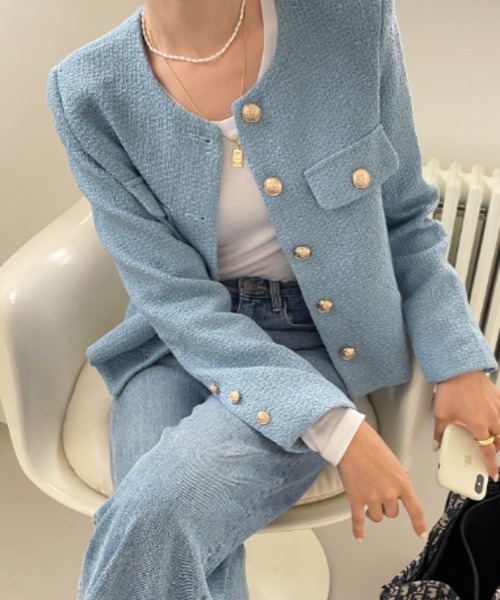 FREE STYLISTS(フリー スタイリスト)の「YUGA_YGMC buttoned tweed jacket(ノーカラージャケット・レディース・グリーン/ライトブルー/オフホワイト・S/M/L)」の19枚目の写真