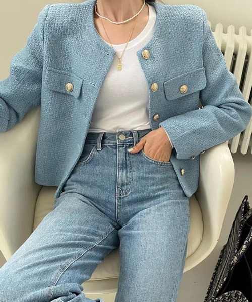 FREE STYLISTS(フリー スタイリスト)の「YUGA_YGMC buttoned tweed jacket(ノーカラージャケット・レディース・グリーン/ライトブルー/オフホワイト・S/M/L)」の18枚目の写真