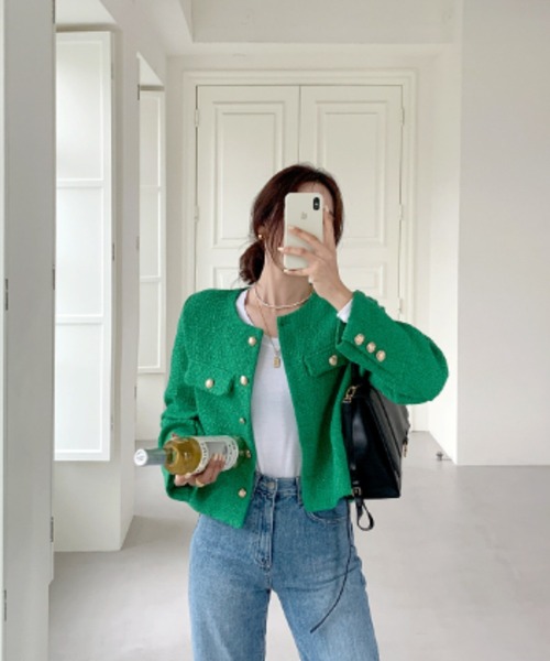 FREE STYLISTS(フリー スタイリスト)の「YUGA_YGMC buttoned tweed jacket(ノーカラージャケット・レディース・グリーン/ライトブルー/オフホワイト・S/M/L)」の13枚目の写真