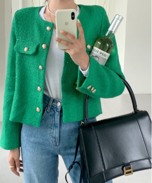 FREE STYLISTS(フリー スタイリスト)の「YUGA_YGMC buttoned tweed jacket(ノーカラージャケット・レディース・グリーン/ライトブルー/オフホワイト・S/M/L)」の7枚目の写真