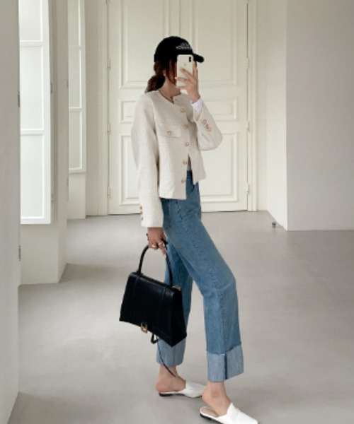FREE STYLISTS(フリー スタイリスト)の「YUGA_YGMC buttoned tweed jacket(ノーカラージャケット・レディース・グリーン/ライトブルー/オフホワイト・S/M/L)」の4枚目の写真
