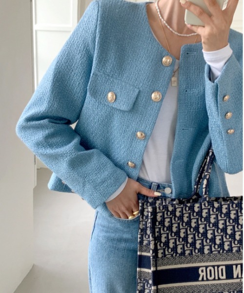 FREE STYLISTS(フリー スタイリスト)の「YUGA_YGMC buttoned tweed jacket(ノーカラージャケット・レディース・グリーン/ライトブルー/オフホワイト・S/M/L)」の17枚目の写真