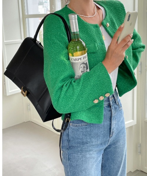 FREE STYLISTS(フリー スタイリスト)の「YUGA_YGMC buttoned tweed jacket(ノーカラージャケット・レディース・グリーン/ライトブルー/オフホワイト・S/M/L)」の9枚目の写真