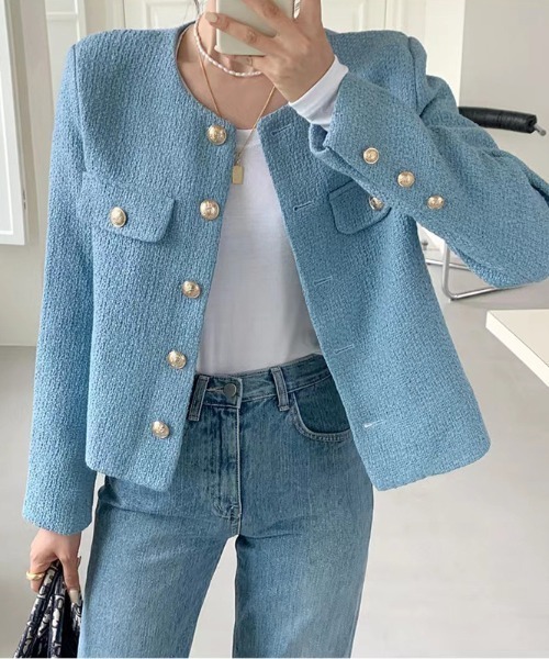 FREE STYLISTS(フリー スタイリスト)の「YUGA_YGMC buttoned tweed jacket(ノーカラージャケット・レディース・グリーン/ライトブルー/オフホワイト・S/M/L)」の15枚目の写真