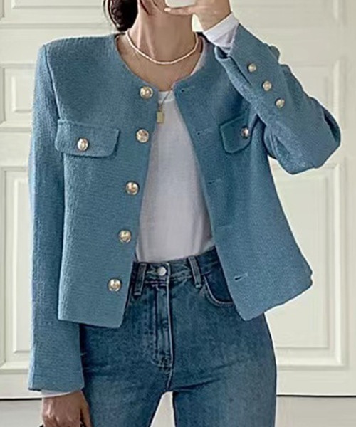 FREE STYLISTS(フリー スタイリスト)の「YUGA_YGMC buttoned tweed jacket(ノーカラージャケット・レディース・グリーン/ライトブルー/オフホワイト・S/M/L)」の16枚目の写真