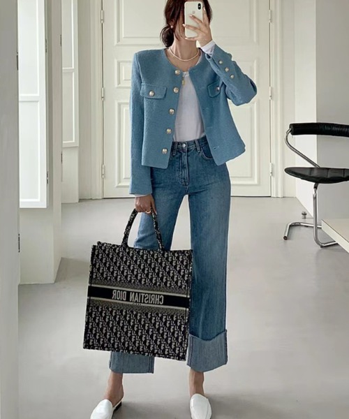 FREE STYLISTS(フリー スタイリスト)の「YUGA_YGMC buttoned tweed jacket(ノーカラージャケット・レディース・グリーン/ライトブルー/オフホワイト・S/M/L)」の20枚目の写真