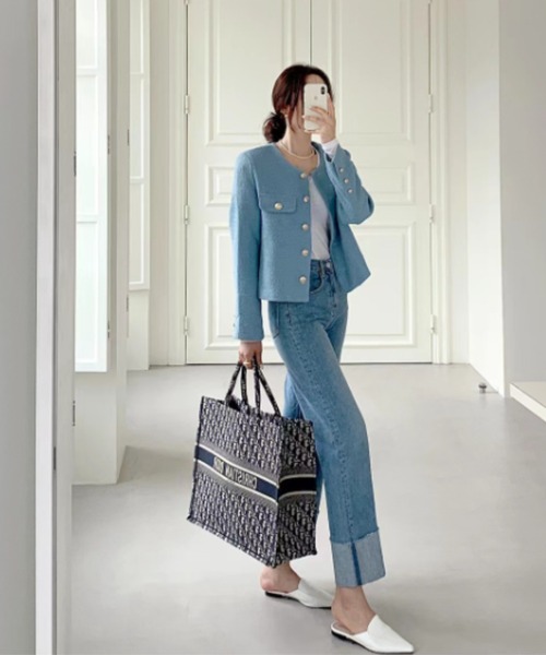 FREE STYLISTS(フリー スタイリスト)の「YUGA_YGMC buttoned tweed jacket(ノーカラージャケット・レディース・グリーン/ライトブルー/オフホワイト・S/M/L)」の21枚目の写真