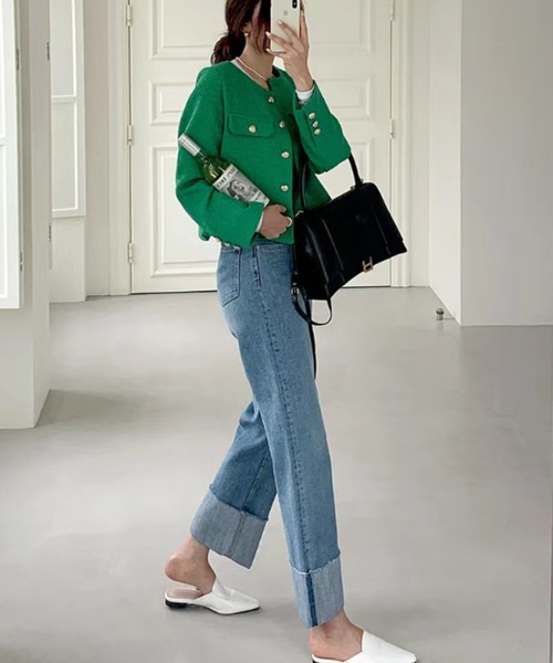 FREE STYLISTS(フリー スタイリスト)の「YUGA_YGMC buttoned tweed jacket(ノーカラージャケット・レディース・グリーン/ライトブルー/オフホワイト・S/M/L)」の14枚目の写真
