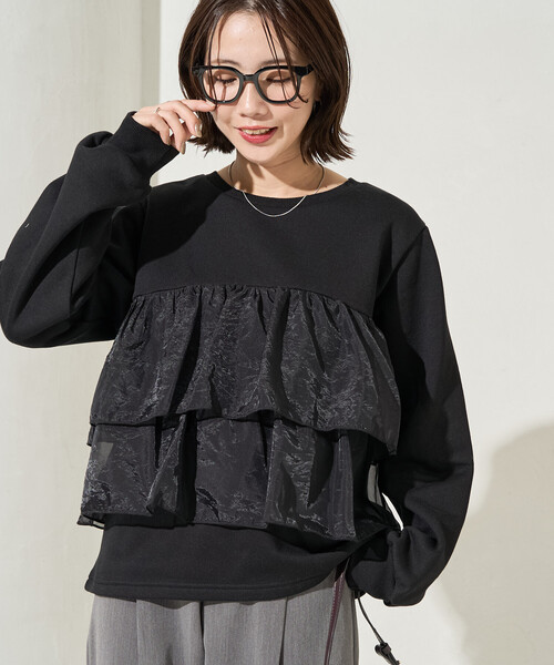 FREAK'S STORE（フリークスストア）の「限定展開　オーガンジー ドッキング フリル 裏起毛 スウェット プルオーバー（スウェット・レディース・ブラック/グレー/ナチュラル/オフホワイト/ブラウン・ﾌﾘ-）」の3枚目の写真