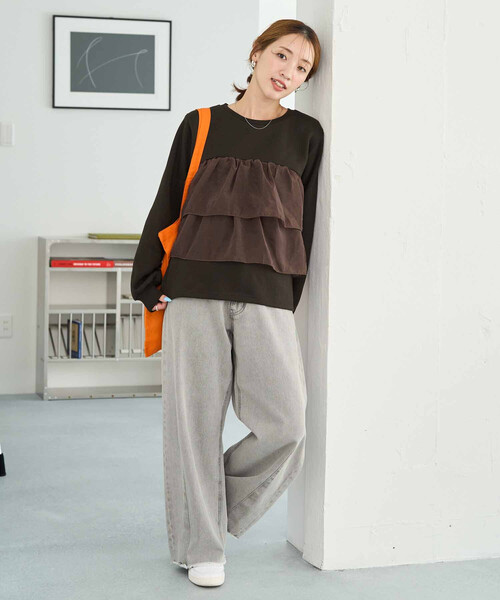 FREAK'S STORE（フリークスストア）の「限定展開　オーガンジー ドッキング フリル 裏起毛 スウェット プルオーバー（スウェット・レディース・ブラック/グレー/ナチュラル/オフホワイト/ブラウン・ﾌﾘ-）」の7枚目の写真