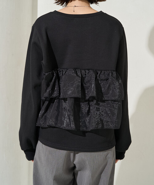 限定展開 オーガンジー ドッキング フリル 裏起毛 スウェット プル