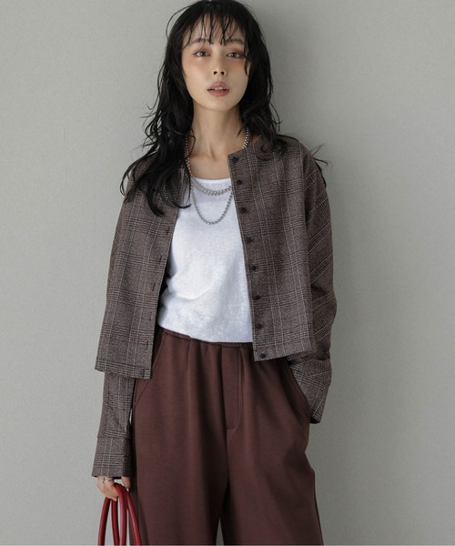 La-gemme(ラジェム)の「ノーカラーチェックショートジャケット(ノーカラージャケット・レディース・グレー/ブラック/ブラウン・フリー)」の3枚目の写真