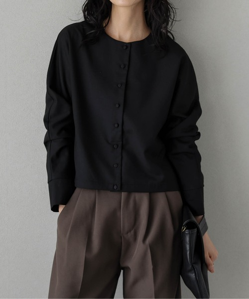 セール】ノーカラーチェックショートジャケット（ノーカラー