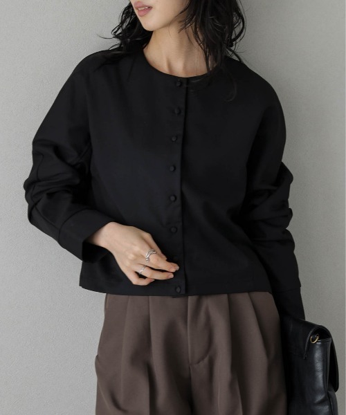 セール】ノーカラーチェックショートジャケット（ノーカラージャケット