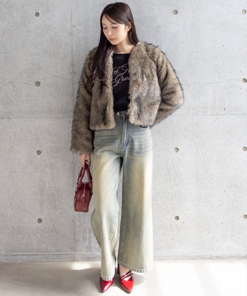 clear（クリア）の「ミックスファージャケット［大人 カジュアル 着回し力抜群］（その他アウター・レディース・チャコールグレー/ベージュ・F）」の3枚目の写真