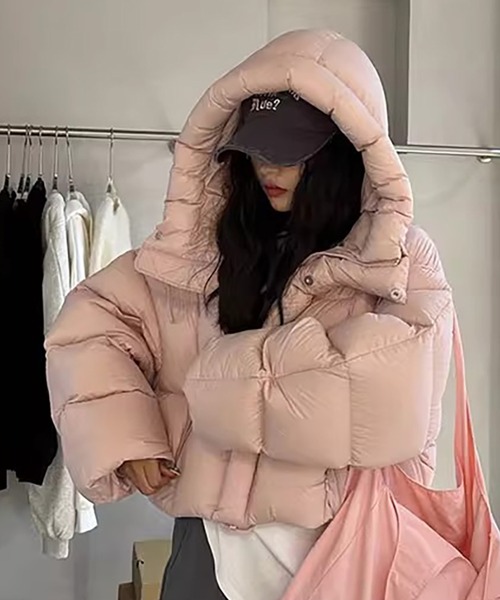 LAFFMO（ラフモ）の「フード付き中綿ショート丈ジャケット（ダウンジャケット/コート・レディース・ピンク/ダークブラウン/モカ/ブラック/オフホワイト・S/M/L/XL）」の5枚目の写真