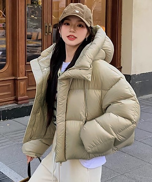 LAFFMO（ラフモ）の「フード付き中綿ショート丈ジャケット（ダウンジャケット/コート・レディース・ピンク/ダークブラウン/モカ/ブラック/オフホワイト・S/M/L/XL）」の4枚目の写真