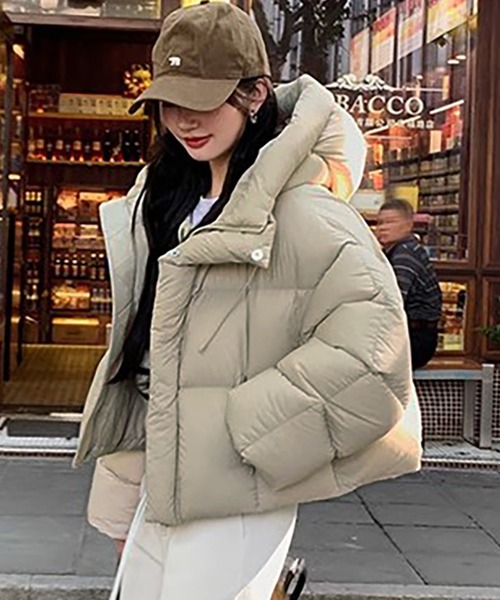 LAFFMO（ラフモ）の「フード付き中綿ショート丈ジャケット（ダウンジャケット/コート・レディース・ピンク/ダークブラウン/モカ/ブラック/オフホワイト・S/M/L/XL）」の8枚目の写真