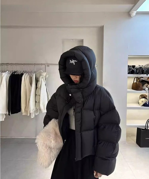 LAFFMO（ラフモ）の「フード付き中綿ショート丈ジャケット（ダウンジャケット/コート・レディース・ピンク/ダークブラウン/モカ/ブラック/オフホワイト・S/M/L/XL）」の13枚目の写真