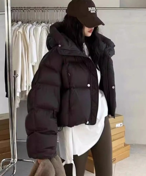 LAFFMO（ラフモ）の「フード付き中綿ショート丈ジャケット（ダウンジャケット/コート・レディース・ピンク/ダークブラウン/モカ/ブラック/オフホワイト・S/M/L/XL）」の15枚目の写真