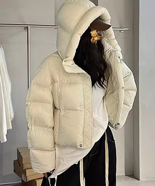 LAFFMO（ラフモ）の「フード付き中綿ショート丈ジャケット（ダウンジャケット/コート・レディース・ピンク/ダークブラウン/モカ/ブラック/オフホワイト・S/M/L/XL）」の7枚目の写真