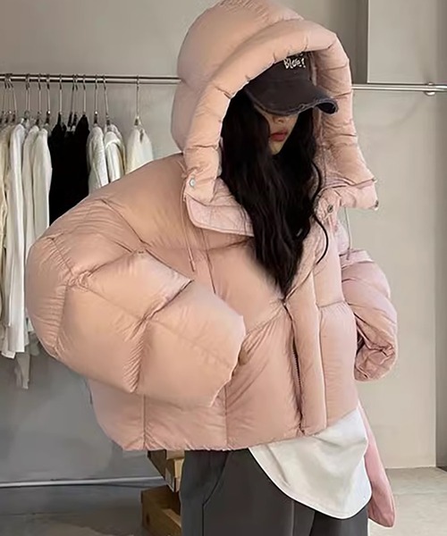 LAFFMO（ラフモ）の「フード付き中綿ショート丈ジャケット（ダウンジャケット/コート・レディース・ピンク/ダークブラウン/モカ/ブラック/オフホワイト・S/M/L/XL）」の21枚目の写真