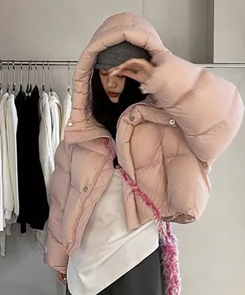 LAFFMO（ラフモ）の「フード付き中綿ショート丈ジャケット（ダウンジャケット/コート・レディース・ピンク/ダークブラウン/モカ/ブラック/オフホワイト・S/M/L/XL）」の22枚目の写真