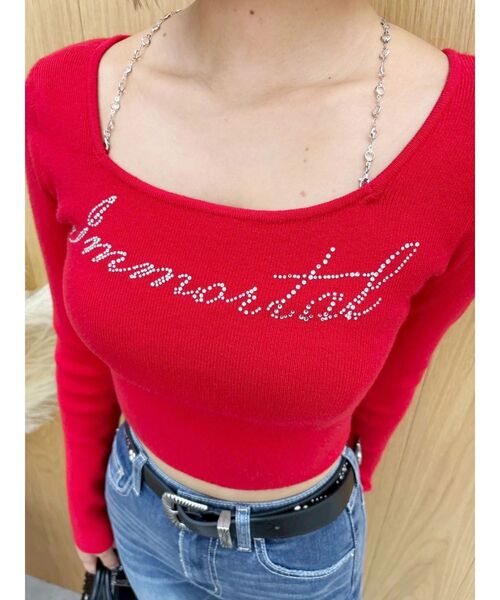 EVRIS（エヴリス）の「ラインストーンストラップロゴニットトップス（ニット/セーター・レディース・グレー/ブラック/レッド/ホワイト・FREE）」の13枚目の写真