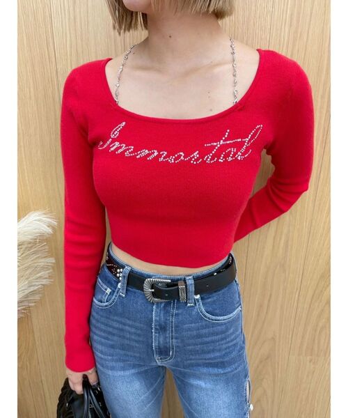 EVRIS（エヴリス）の「ラインストーンストラップロゴニットトップス（ニット/セーター・レディース・グレー/ブラック/レッド/ホワイト・FREE）」の14枚目の写真