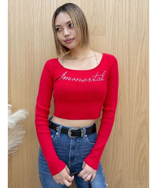 EVRIS（エヴリス）の「ラインストーンストラップロゴニットトップス（ニット/セーター・レディース・グレー/ブラック/レッド/ホワイト・FREE）」の15枚目の写真