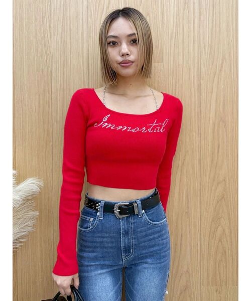 EVRIS（エヴリス）の「ラインストーンストラップロゴニットトップス（ニット/セーター・レディース・グレー/ブラック/レッド/ホワイト・FREE）」の16枚目の写真