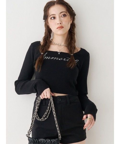 EVRIS（エヴリス）の「ラインストーンストラップロゴニットトップス（ニット/セーター・レディース・グレー/ブラック/レッド/ホワイト・FREE）」の2枚目の写真