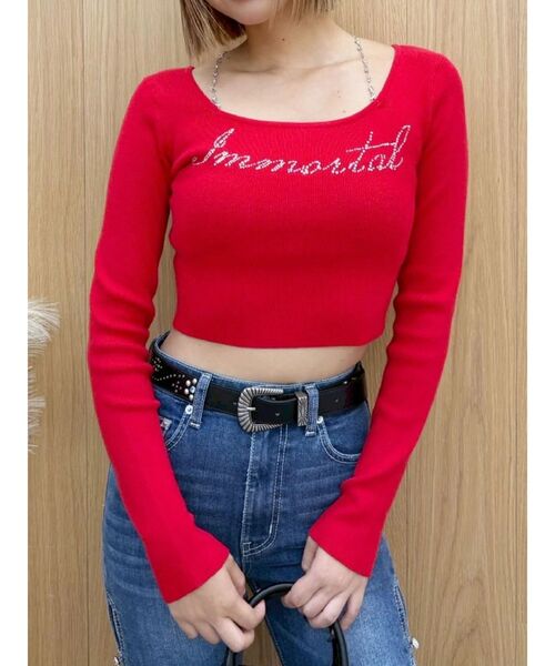 EVRIS（エヴリス）の「ラインストーンストラップロゴニットトップス（ニット/セーター・レディース・グレー/ブラック/レッド/ホワイト・FREE）」の7枚目の写真