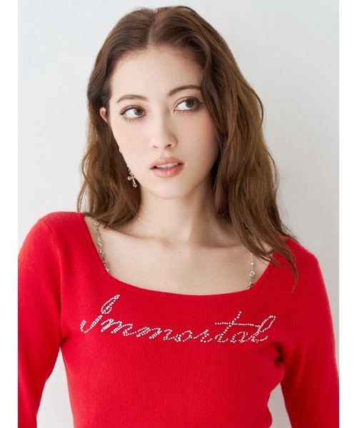 EVRIS（エヴリス）の「ラインストーンストラップロゴニットトップス（ニット/セーター・レディース・グレー/ブラック/レッド/ホワイト・FREE）」の9枚目の写真