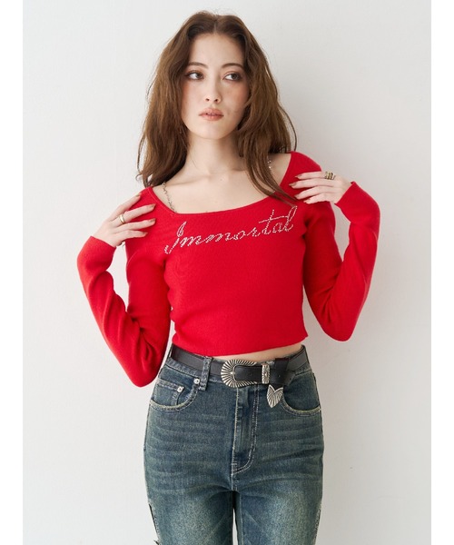 EVRIS（エヴリス）の「ラインストーンストラップロゴニットトップス（ニット/セーター・レディース・グレー/ブラック/レッド/ホワイト・FREE）」の10枚目の写真