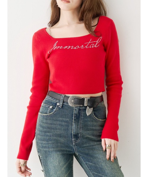 EVRIS（エヴリス）の「ラインストーンストラップロゴニットトップス（ニット/セーター・レディース・グレー/ブラック/レッド/ホワイト・FREE）」の11枚目の写真