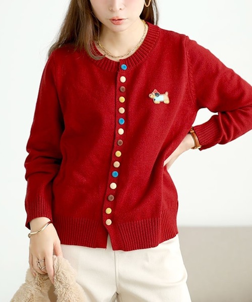 LE PHIL 赤 ボタン付きニットカーディガン 長袖 ROPE' PICNIC（ロペ ピクニック） カーディガン シルク混Vネック金