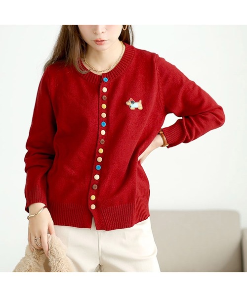 カラフルボタンワッペン付きニットカーディガン【大きいサイズ対応