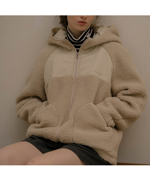 Logo embroidered fleece hoodie zip-up [KNFW05JP04]_Beige