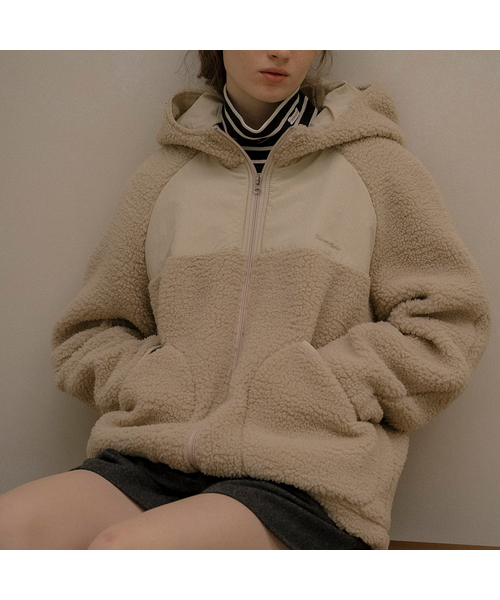 セール】Logo embroidered fleece hoodie zip-up [KNFW05JP04]_Beige