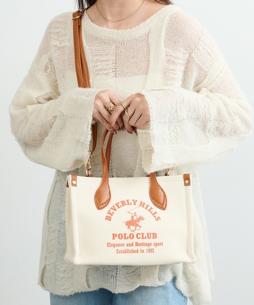 BEVERLY HILLS POLO CLUB(ビバリーヒルズポロクラブ)の「【BEVERLY HILLS POLO CLUB】ポロプリントキャンバストート小 BH2014N(トートバッグ・レディース・グリーン/ブラック/オレンジ・FREE)」の1枚目の写真