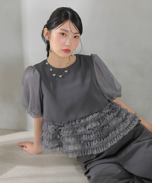 Kana（カナ）の「ボリュームチュールトップス ワイドパンツ セットアップ パーティー ドレス 結婚式 お呼ばれ オケージョン（パンツドレス・レディース・チャコールグレー/ブラック/ミント・M）」の2枚目の写真